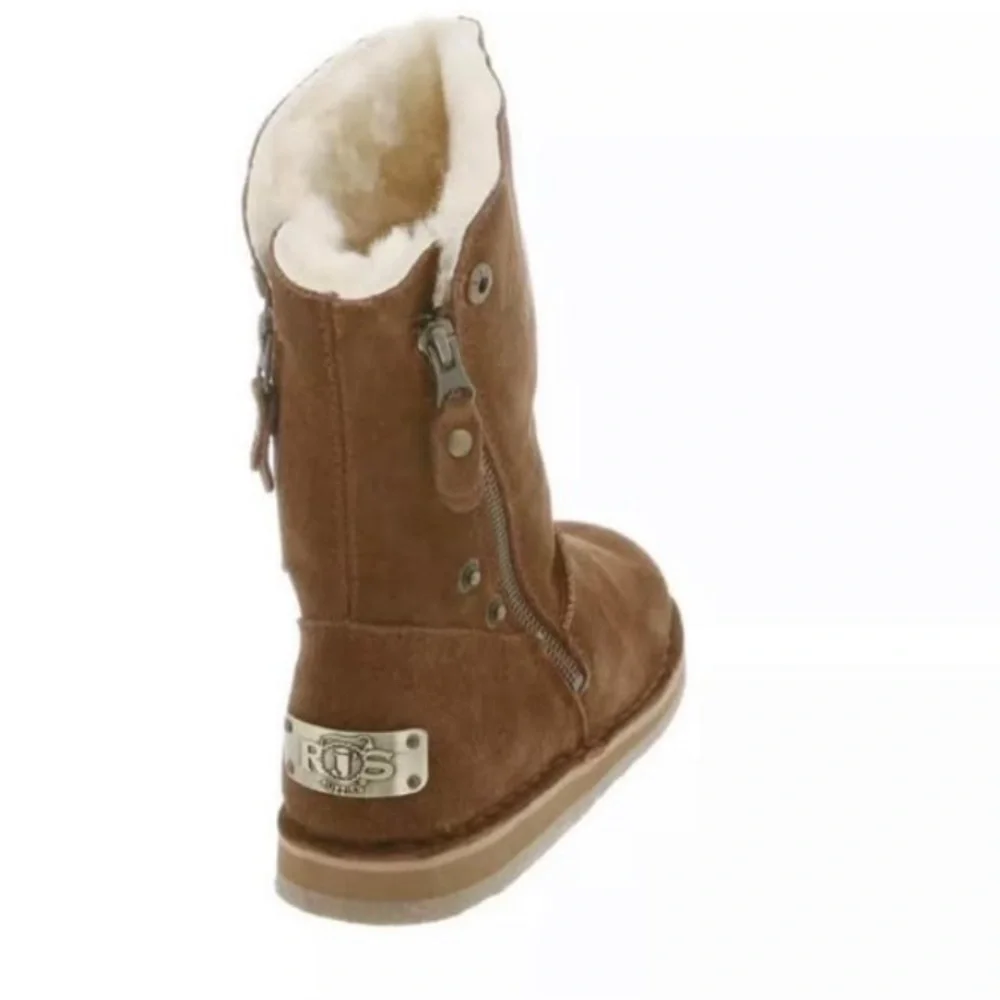 RJ’s Fuzzies Brown Trixie Leather Boots Sheepskin Lined Side Zip  Sz9 NEW!